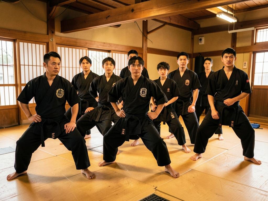Alumnos de Kung Fu Master en posición de caballo