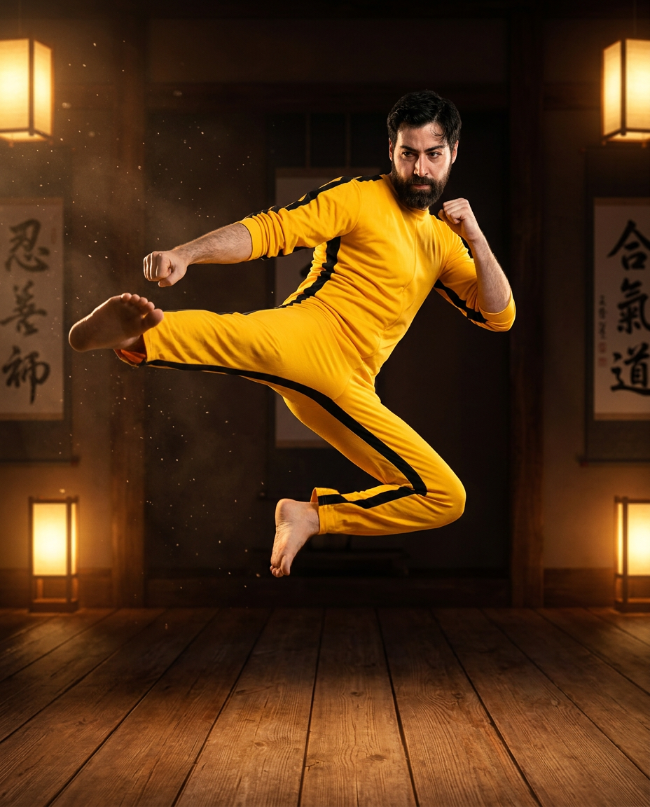 Sifu de Kung Fu Master ejecutando una patada voladora con el traje amarillo